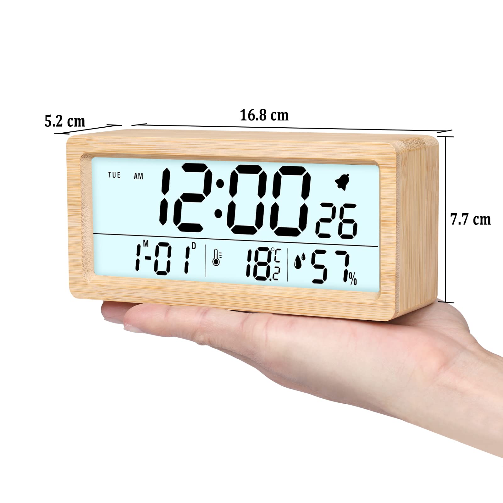 Digitaler Wecker aus Holz mit 15,2 cm großem Display, Schlummerfunktion, Kalender, Hintergrundbeleuchtung, Temperatur und Luftfeuchtigkeit, batteriebetriebene Schreibtischuhr für Schlafzimmer