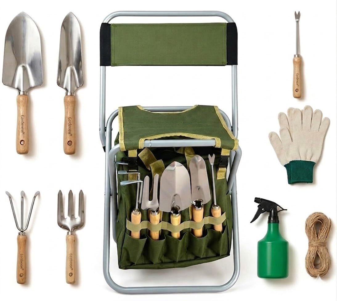 Bo-Toys - Set di 10 attrezzi da giardinaggio con borsa staccabile con cerniera e sgabello pieghevole con schienale