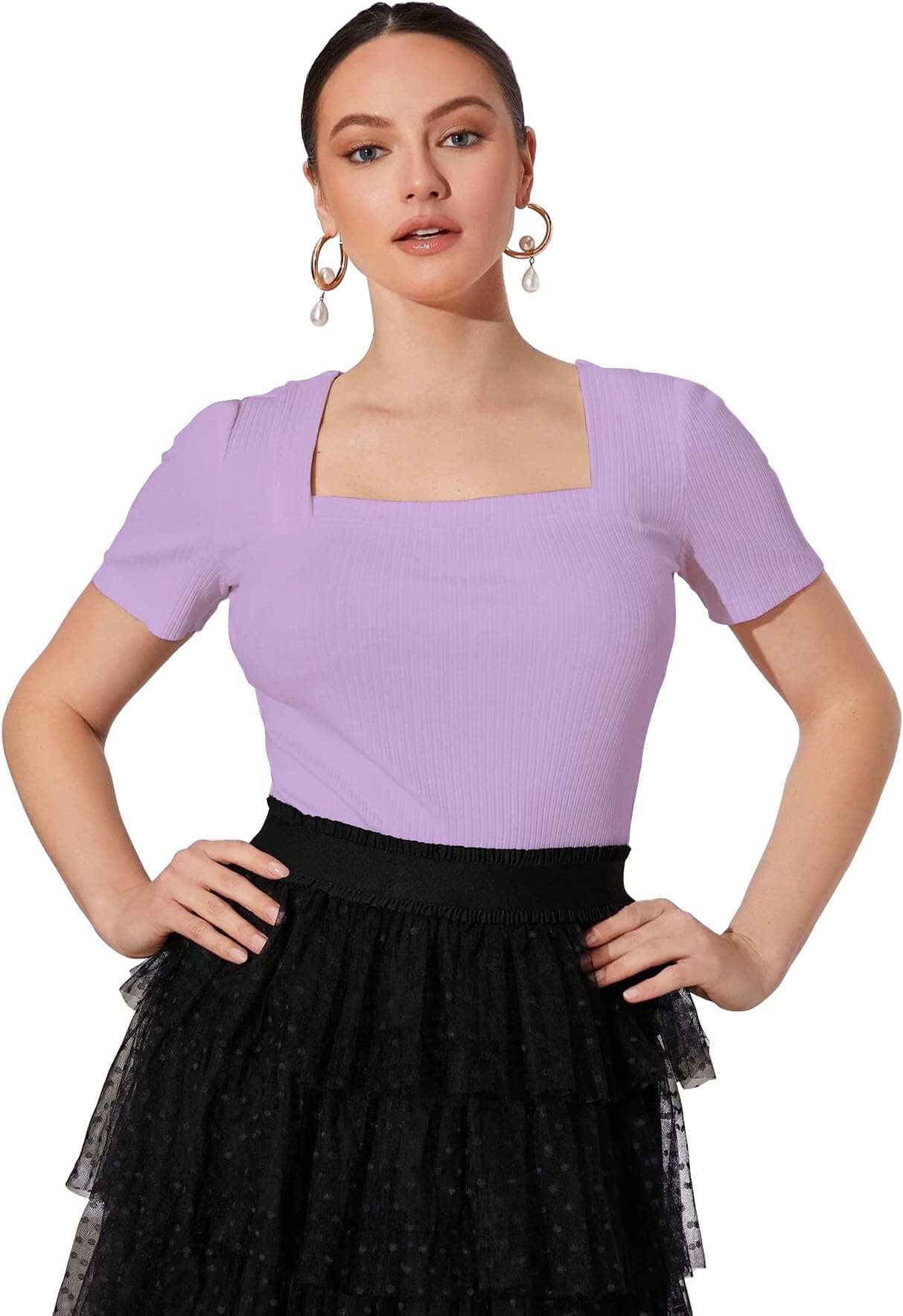 Women's & Girl's Solid Knitted Square Neck T-Shirts Short Puff Sleeve Tops (TOP 52)