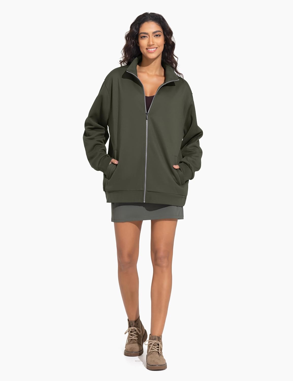 THE GYM PEOPLE Women's Oversized Full Zip Up Sweatshirts Fleece Long Sleeves Stand Collar Workout Jacket with Pockets - Image 5