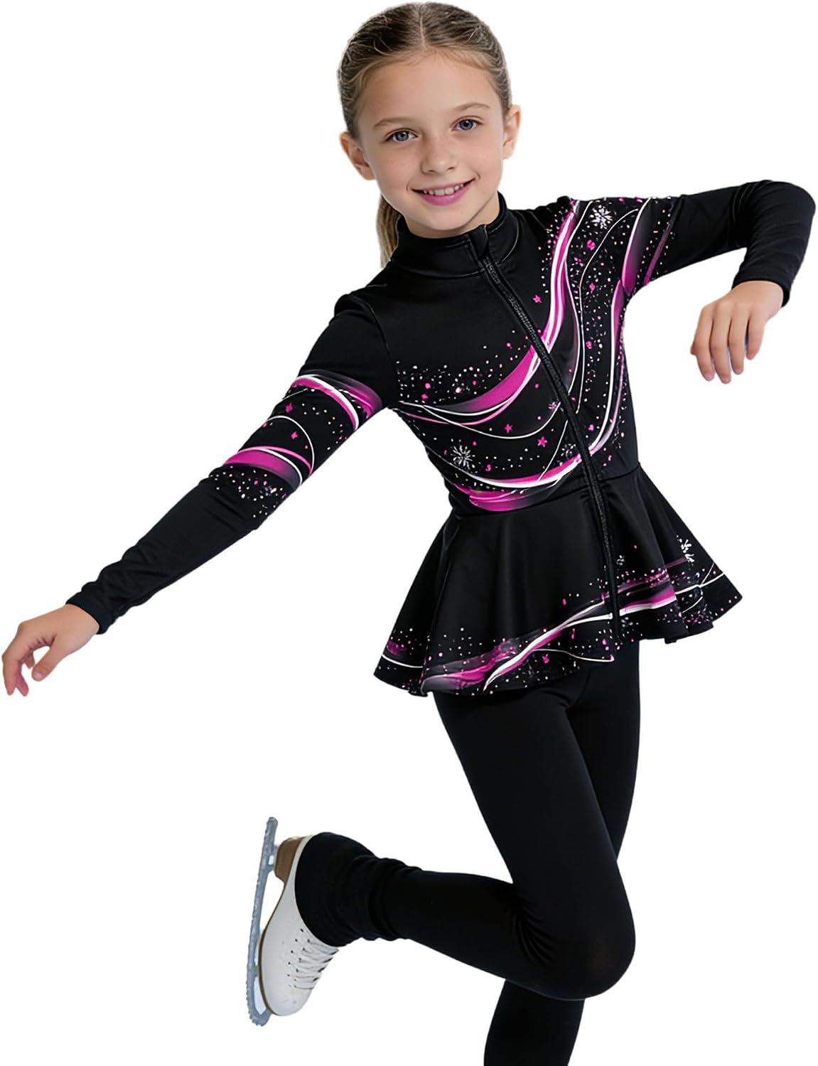 TiaoBug Kids Girls Figure Skating Jacket Skating Training Clothes Stylish Print Peplum Full Zip Fleece Coat