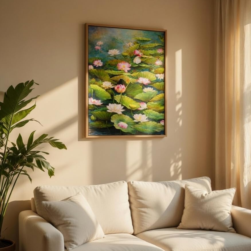 Image of Livin'luxe Lotus Pond Wall Painting with Wooden Frame | Elegant Lotus Flower Nature Artwork HD UV Laminated MDF Wall Decor | Floral Water Garden Wall Art for Living Room Bedroom