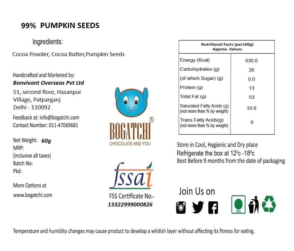 Image of BOGATCHI 99% Dark Chocolate| Pumpkin Seeds | Real Cocoa Intense Dark Chocolate, 60 gm