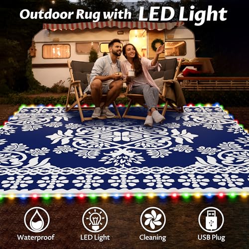 RV Outdoor Rug with Lights 9x12ft, Outdoor Camping Rug, Waterproof, Easy Cleaning, Non Shedding, Foldable and Portable, Reversible Mats for RV, Deck, Beach, Camping, Patio, Picnic (Blue & White)