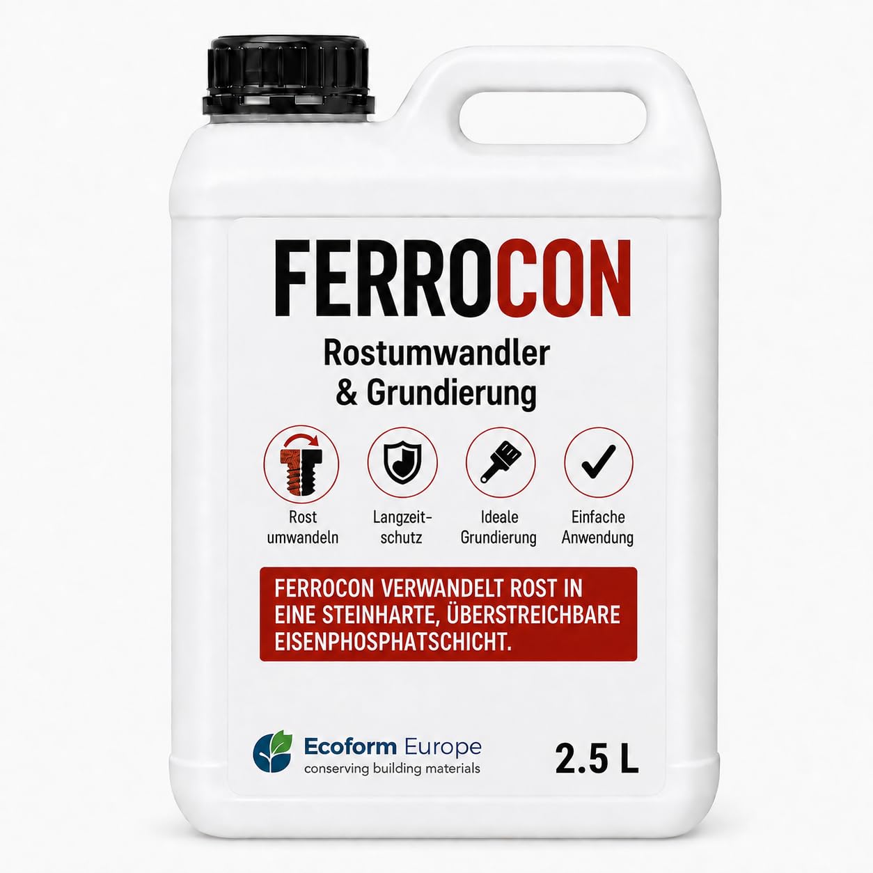 Ecoform Ferrocon 2,5 Liter (ca. 20 m²) Rostumwandler & Rostentferner – Für Eisen, Stahl und Kupfer – Reinigt Rost, Flugrost und Kupferkorrosion