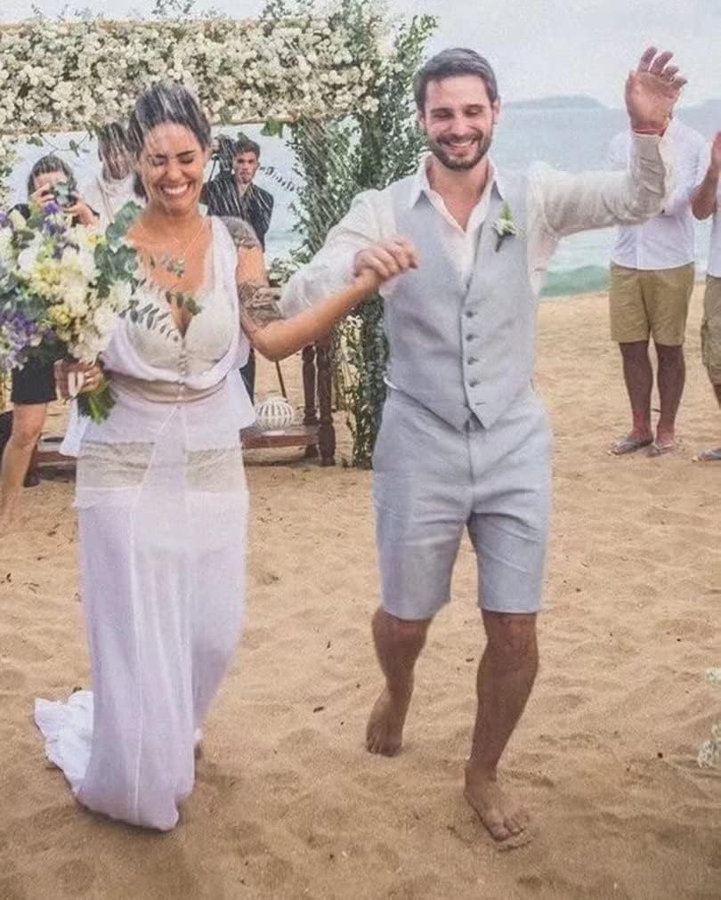 Mens Linen Suit 2 Piece Short Suits for Men Casual Summer Beach Groom Wedding Suit Linen Vest Shorts Set