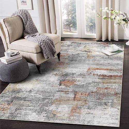 vivorug Ultra Soft Area Rug 5×7, Non Slip Washable Foldable, Stain Resistant Abstract Rugs for Living Room Bedroom, Modern Fuzzy Rug (Gray/Rust, 5’x7′)
