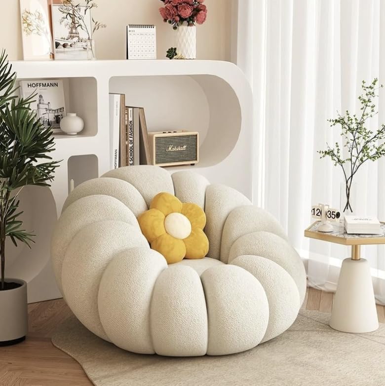 Genérico Sofá Reclinável Giratório em Pele de Cordeiro – Poltrona Individual Creme para Quarto, Varanda ou Sala de Estar Estilo Tatami