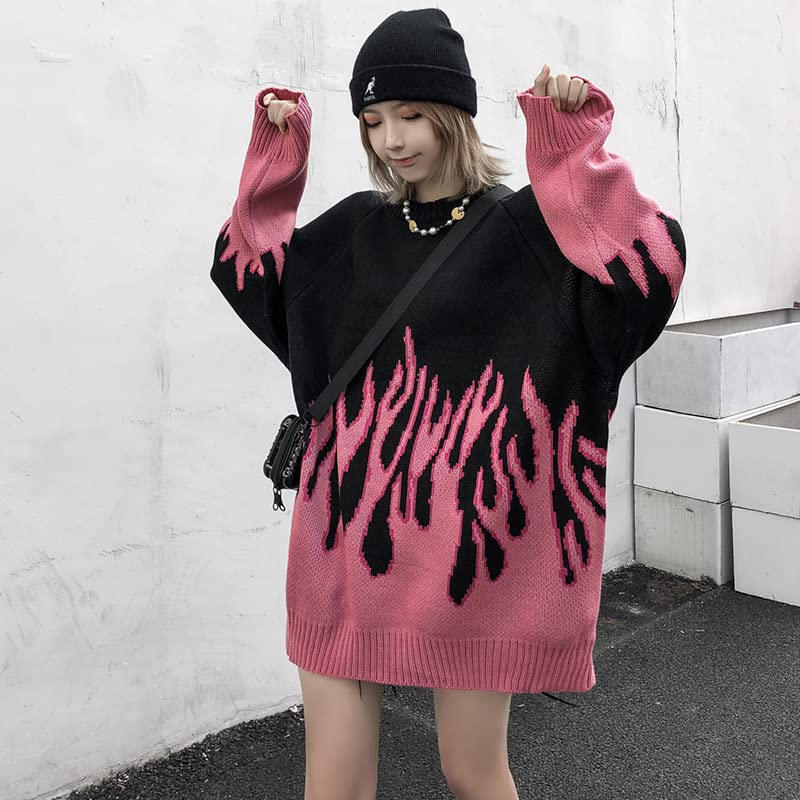 Vamtac Womens Crewneck Oversized Sweaters Y2K Aesthetic Flame Graphic Knitted Sweater Casual Pullover Long Sleeve Jumper