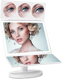 FASCINATE Specchio Trucco Ingranditore 10x 5X 3X 1x Specchio per Trucco con LED Touch Screen da Tavolo Pieghevole Triplo Rotazione di 360 Gradi Specchio Trucco