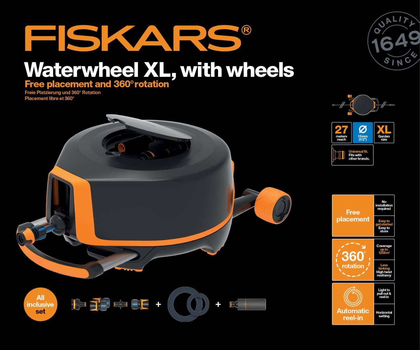 Fiskars Carro portamangueras XL con ruedas, Set de riego todo incluido, Alcance 27m, Enrollado automático, Manguera tamaño universal (diám. 13 mm), Conector grifo universal, Negro/Naranja, 1025933 | 1025933 - Manguera de bobinado automático, conexión univ
