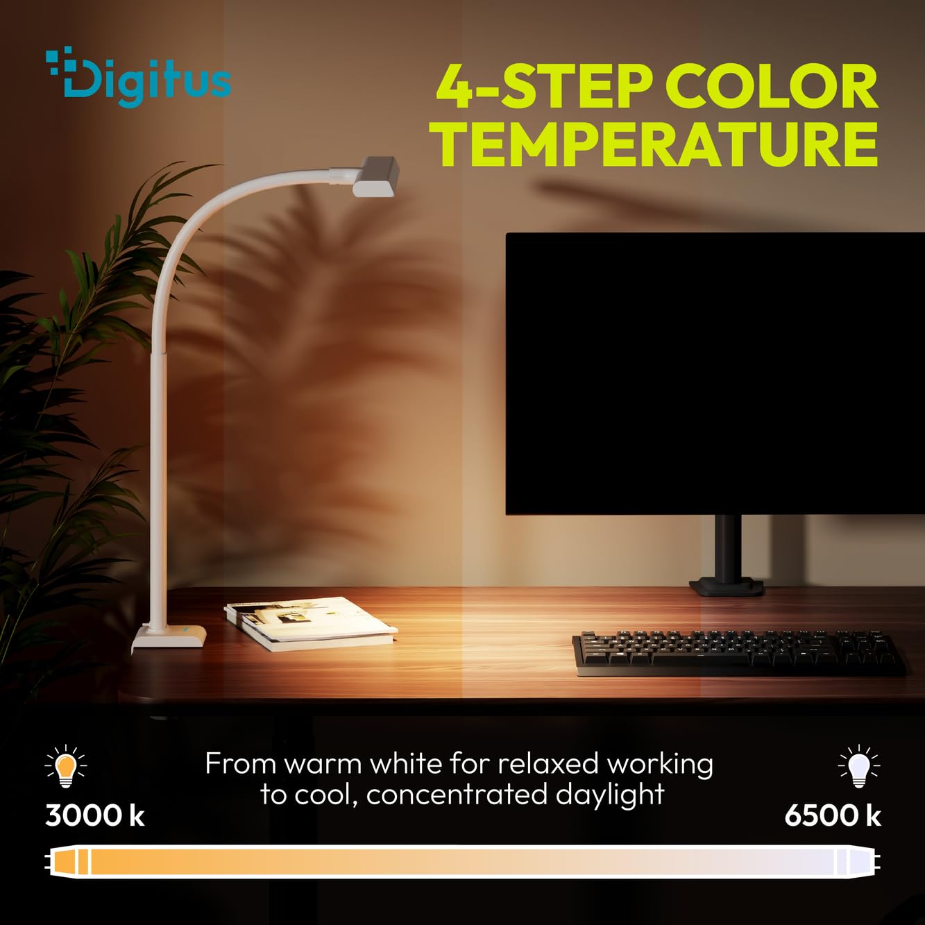 Digitus Lampada da scrivania a LED – 1025 lumen – Larghezza 50 cm – 7 W | 1000 lux – Temperatura di colore a 4 livelli – Regolabile – Controllo touch – Braccio flessibile – Base a morsetto – Bianco