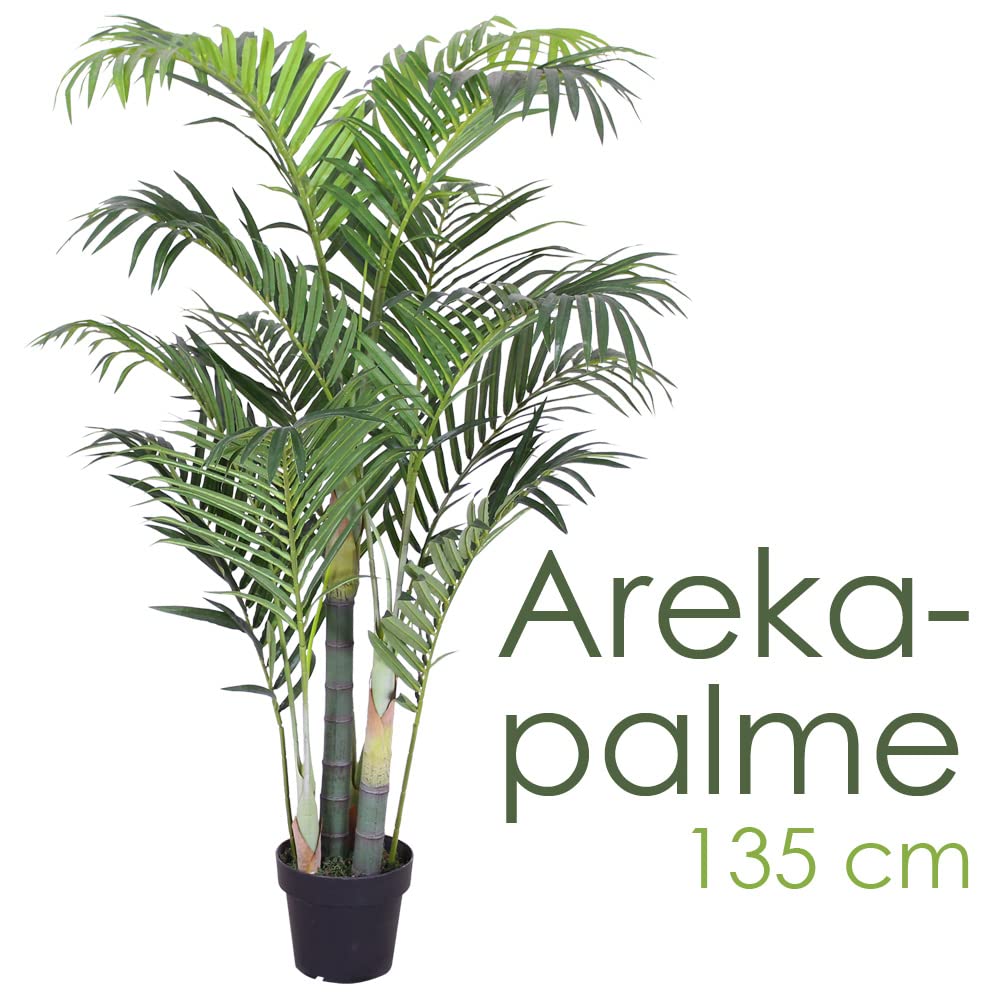 Künstliche Palme groß Kunstpalme Kunstpflanze Palme künstlich wie echt Plastikpflanze Arekapalme 135 cm hoch Balkon Dekoration Deko Decovego
