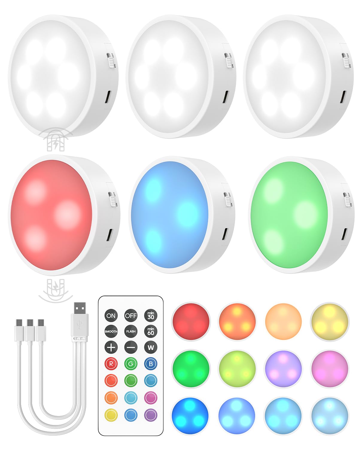 GOODEA Rechargeable RGB Puck Lights with Remote，Under Cabinet Kitchen Lighting Battery Operated Push Light with Dimmer/Time for Wardrobe, Display, Closet, Shelf,Cupboard 6 Pack-Magnetic Install