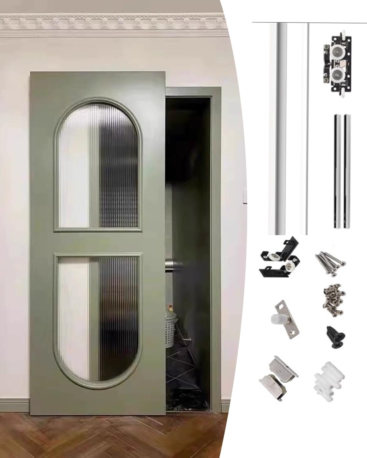 Kit de herrajes para puerta corredera con riel oculto y sistema de rodillos para una instalación suave de la puerta de granero