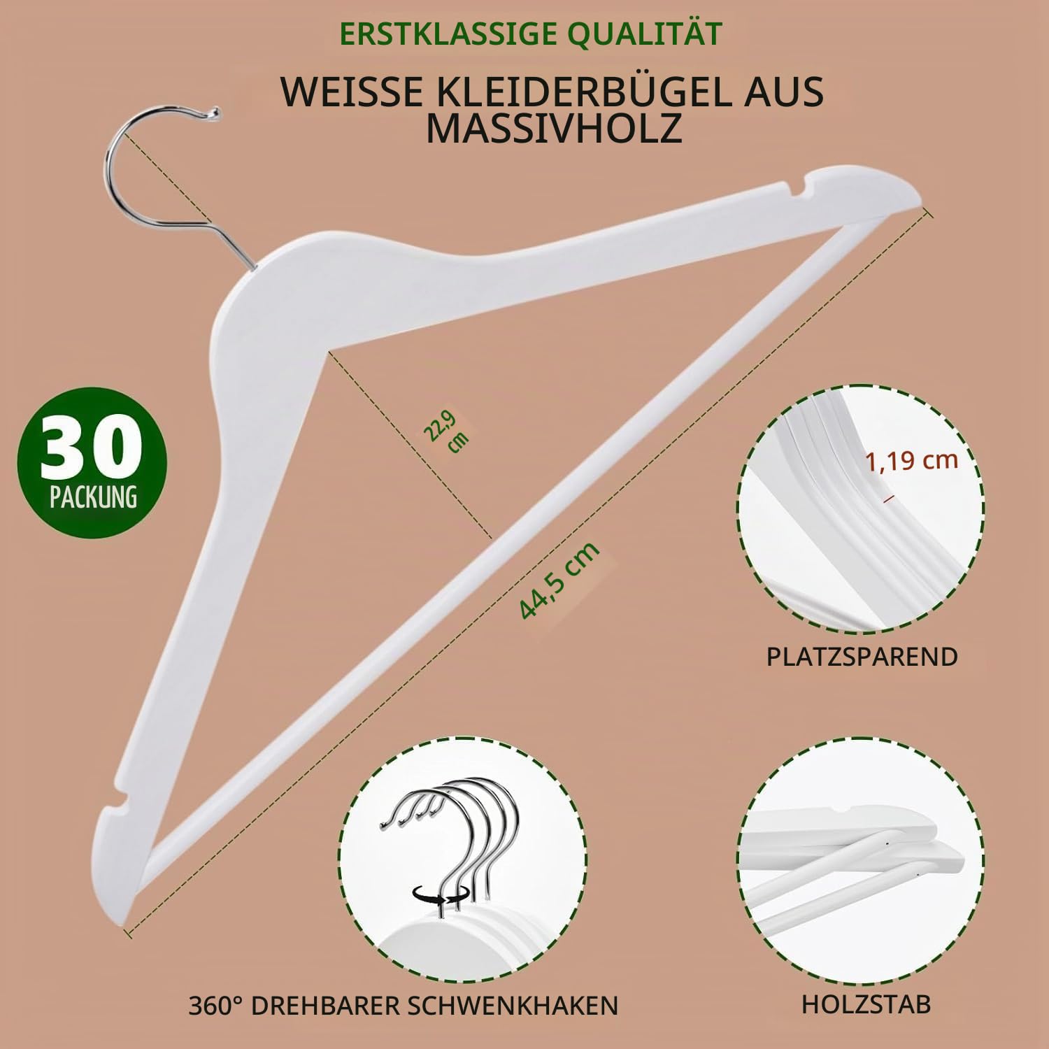Amber Home 20 Stück 44,5cm Kleiderbügel aus Holz, Weiß | Rutschfest Stange für Hose, Aufhänger für T-Shirt, Hemd, Anzug, Mantel, Kleid, Trägertop