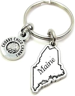 ChubbyChicoCharms Maine Pewter Charm On Stainless Steel Keyring Key Ring Key Chain Keychain for Women, Men, Teens, Home Town, United States, Travel, Augusta
