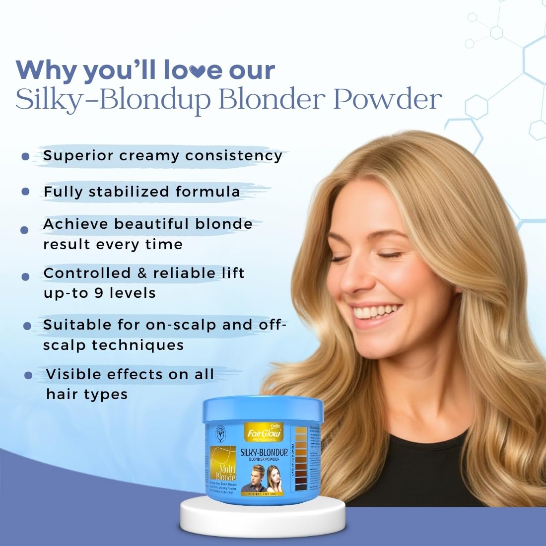 Corlin Fair Glow Silky Blondup Bleach Powder 125g-Lifts upto 9 levels | Multi-Blond Lightening Powder | Dust Free | No Added Ammonia | Salon, Home Use | Men & Women 1