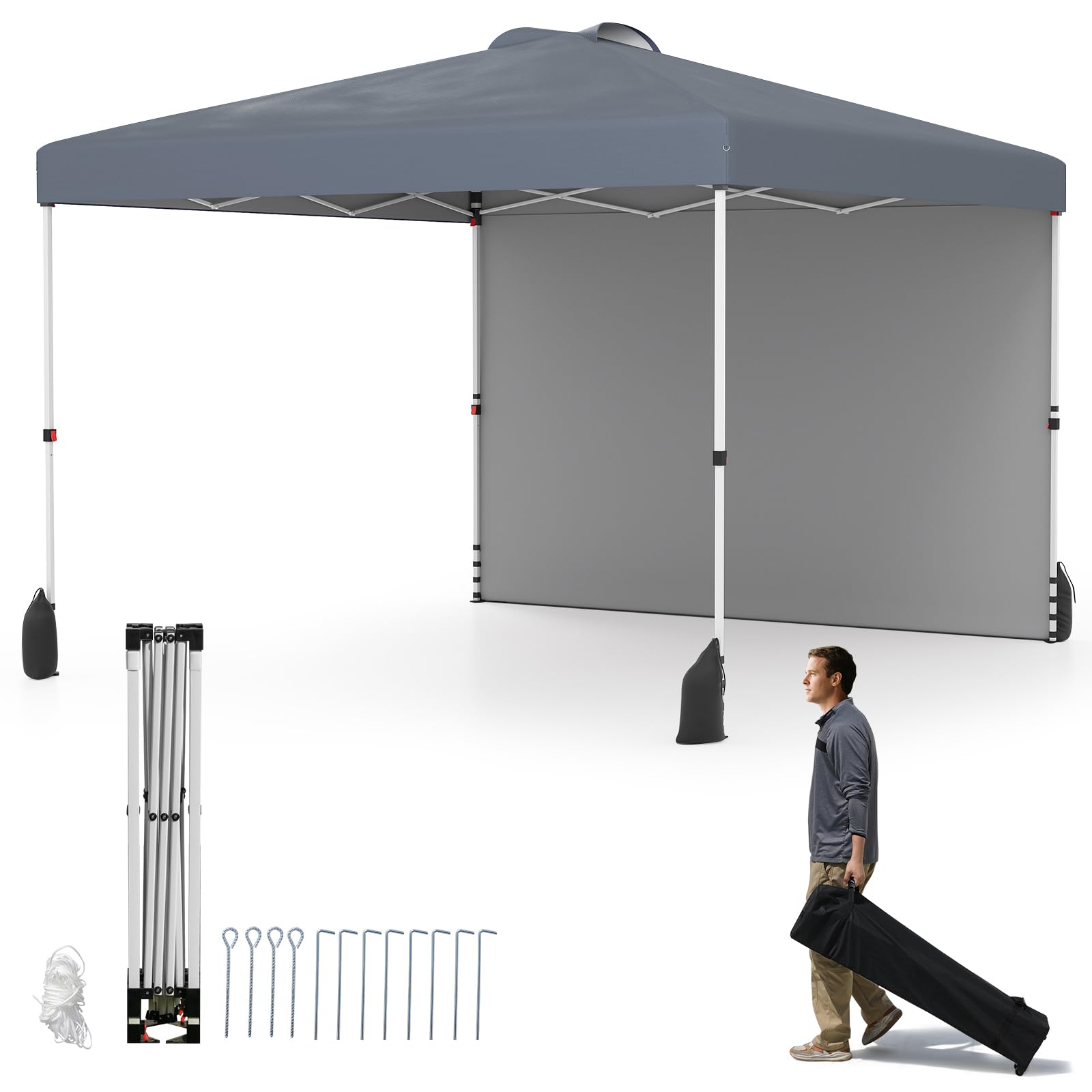 COSTWAY 3m x 3m Pop up Canopy Tent, Garden Gazebo Instant Shelter with Wheeled Bag, Vented Top, 4 Sandbags, Stakes & Wind Ropes, Portable Outdoor Beach Party Event Tent (Dark Grey, with 1 Sidewall)