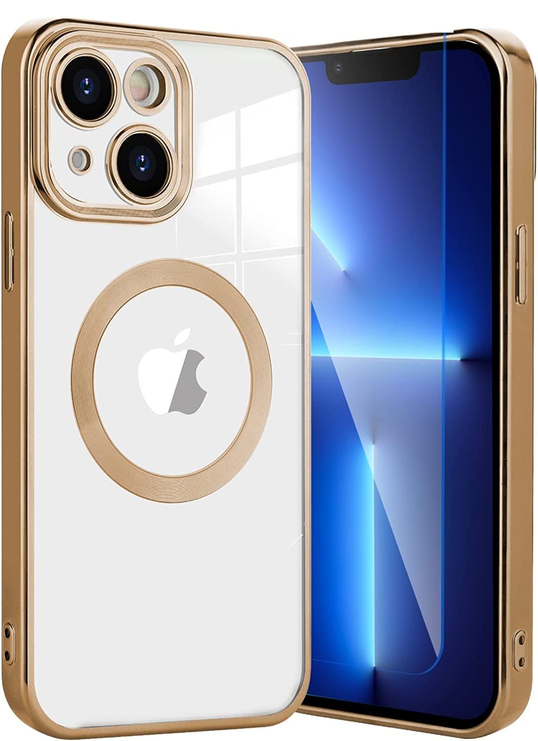 MGT Traders Electroplating Shockproof Anti-Yellowing Soft TPU Logo View CD Chrome Case Back Cover for Apple iPhone 13 - Gold