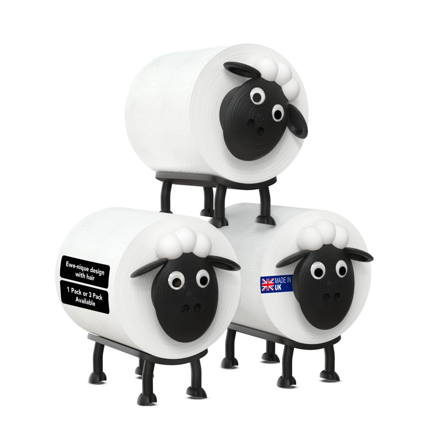 Baahaus Black And White Sheep Toilet Roll Holder - Set Of 3 – Free Standing Black Loo Roll Storage – 3D Printed Cute Bathroom Decor – Hilarious Plastic Tissue Paper Holder – Novelty Gift For Home, Kids & Guests