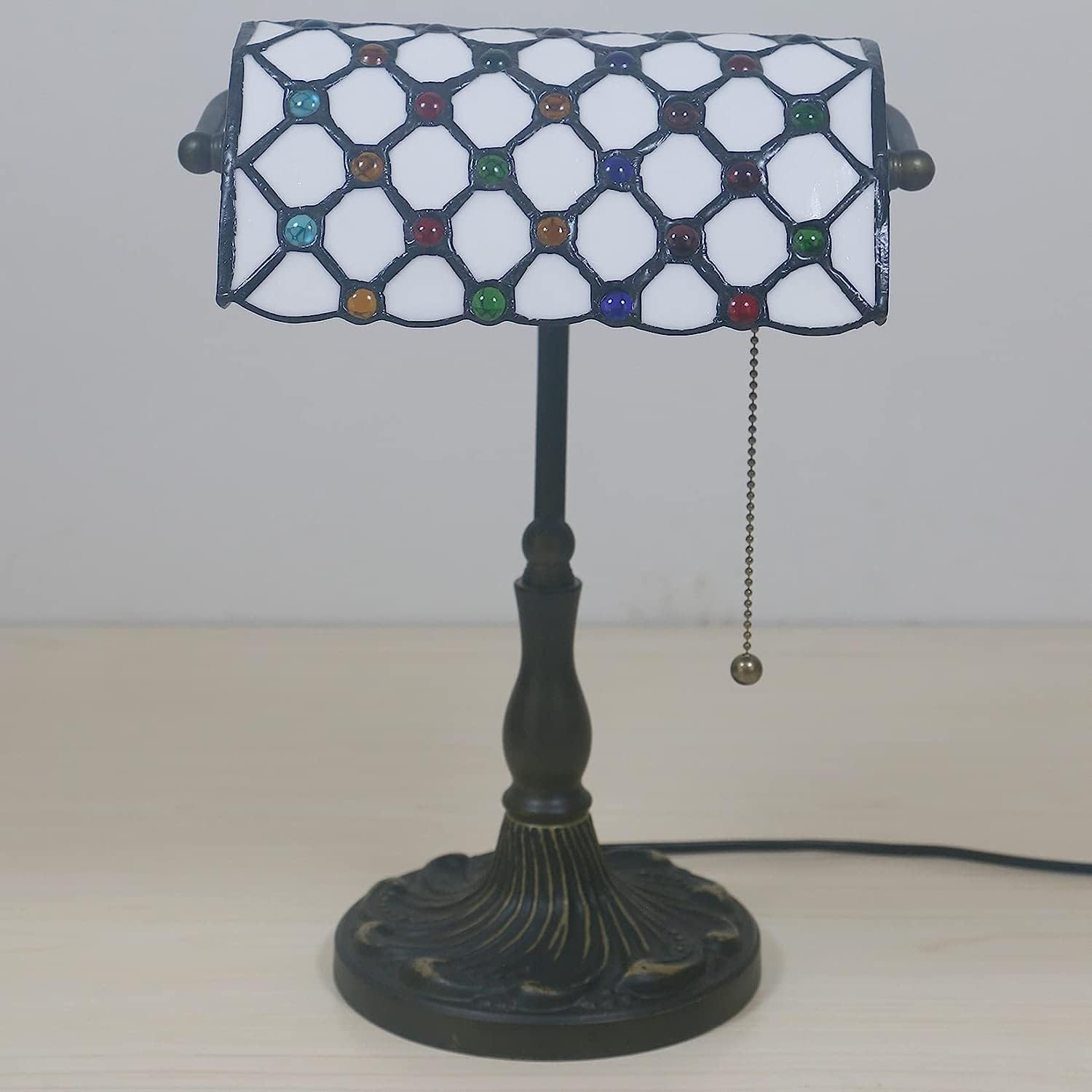 Bankier's Tischlampe, farbige Glaslampe, Kristallperlenschreibtischlampe, Schlafzimmer in der Nacht Leselampe (weißer farbenfroher Glasschatten) Innovate