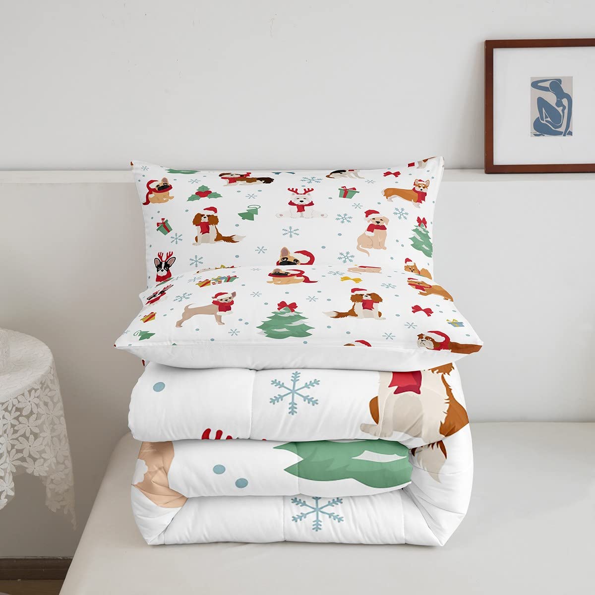 Manfei Christmas Comforter Set Queen Size - Xmas Deer Tree Snowflake Print, 3pcs With Comforter & 2 Pillowcases, Black Red Plaid