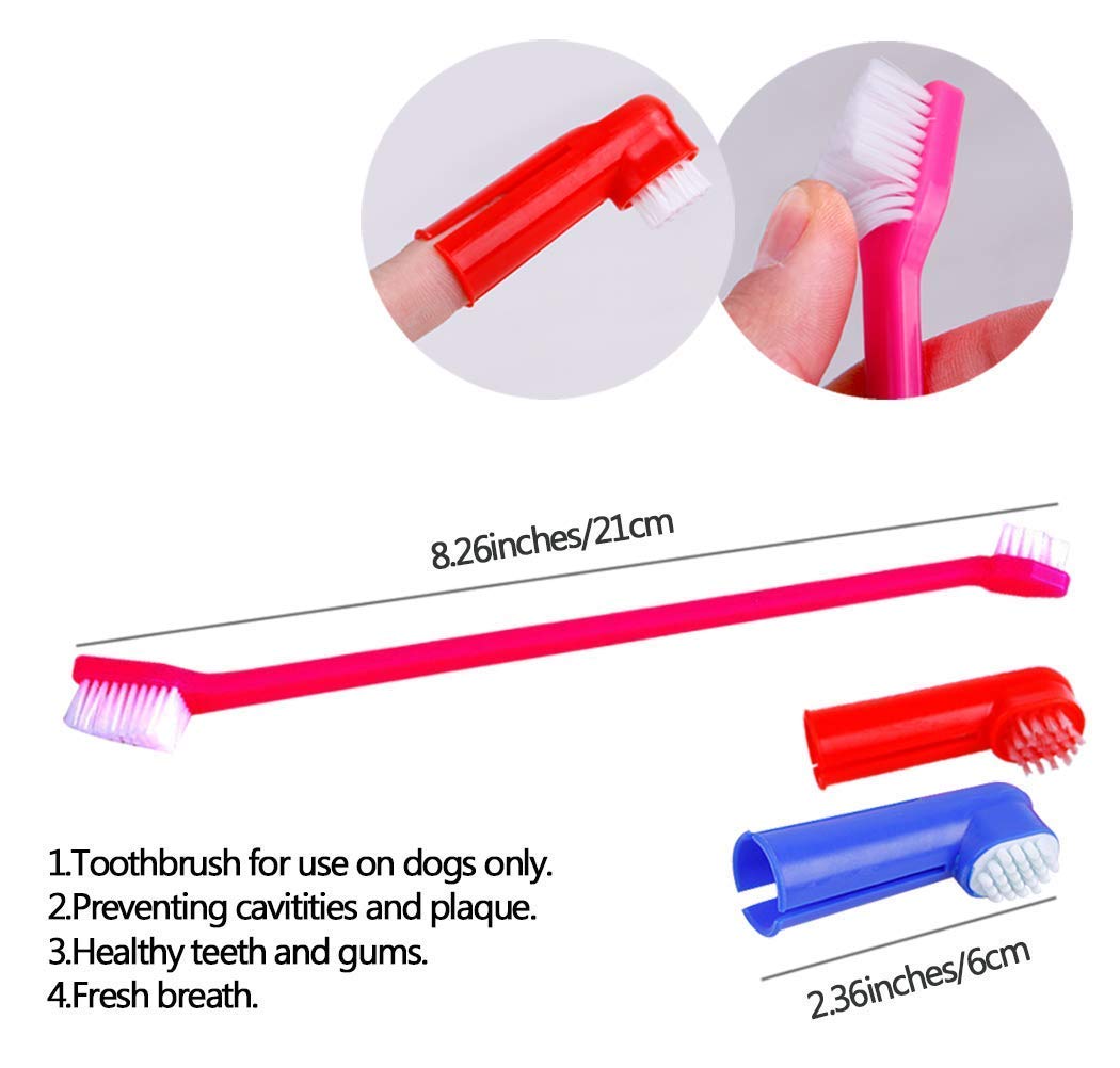 DreamAuro Pets Cleaning Dental Toothbrush Set of 2 with 1 Double Headed Toothbrush, Finger Toothbrush All Breed Cats, Dogs and Puppies (Color May Vary) 2