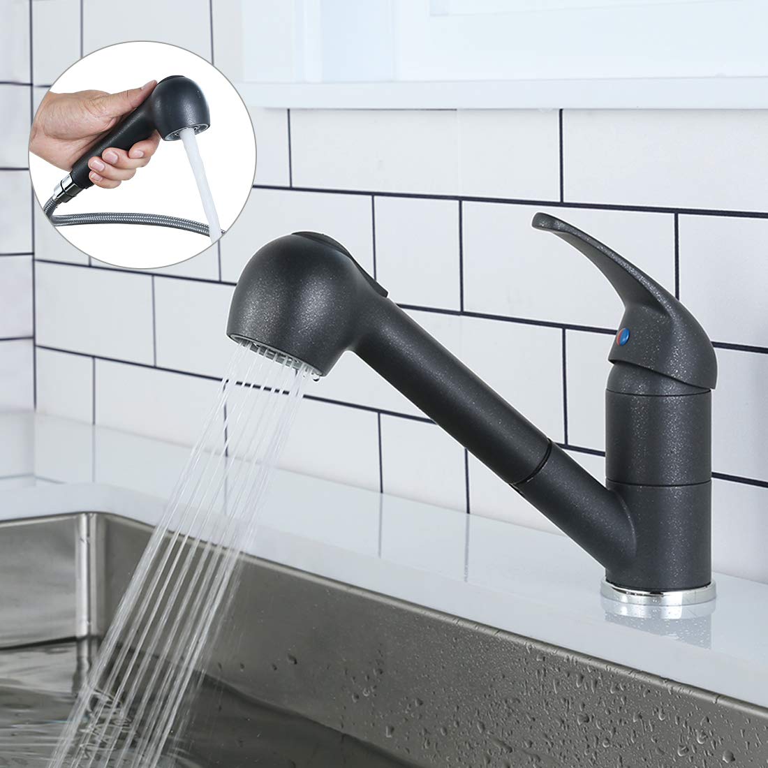 ARCORABlack Kitchen Sink Matt Quartz Faucet with Pull-Out Sprayer, Extendable, Contemporary Style, Matte Black Finish