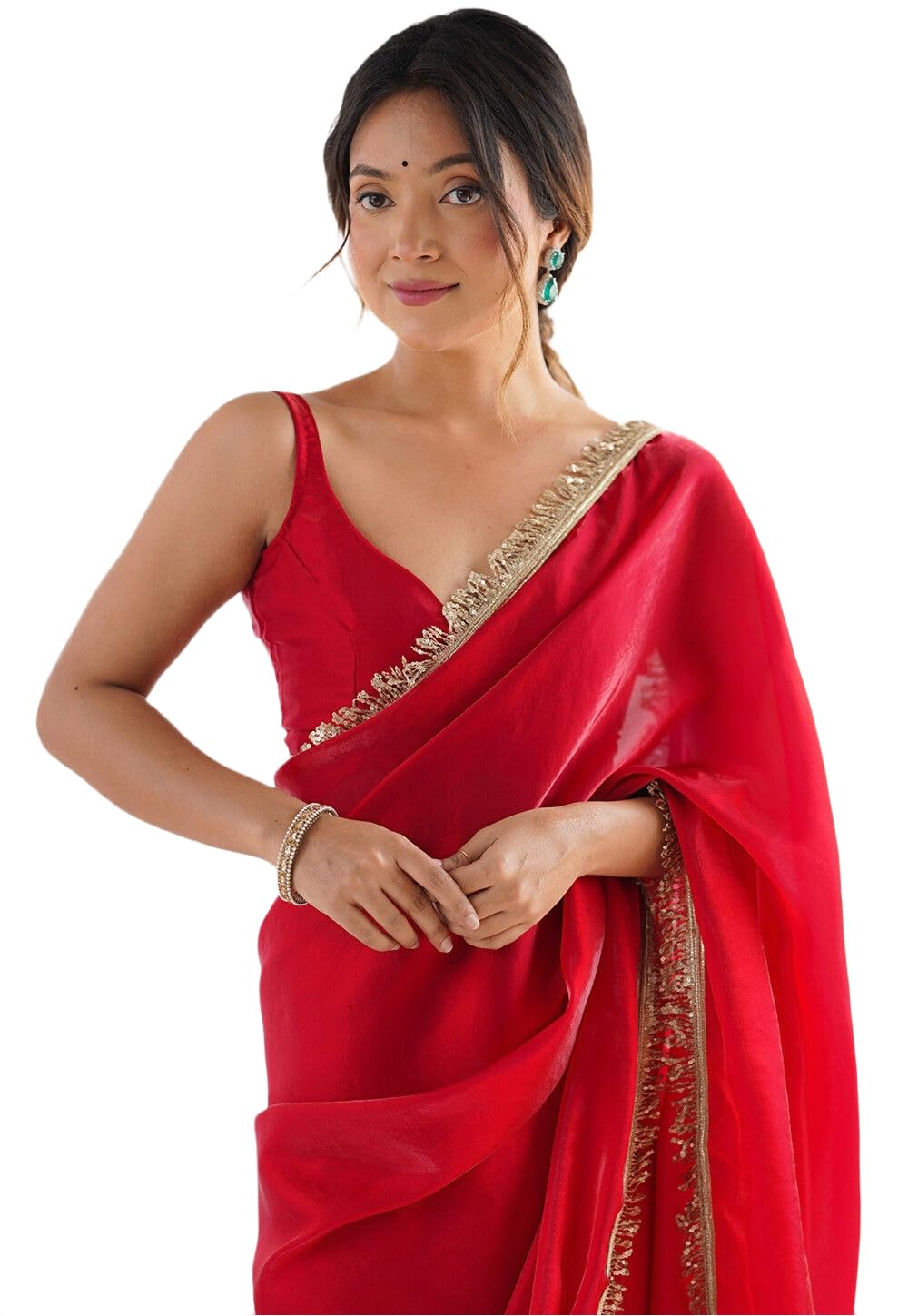 Chiffon Solid Elegant Saree with Sequence Work Gold Lace Border and Unstitched Blouse Piece(Fer_LessG_Red_Red_Free Size)-image-46