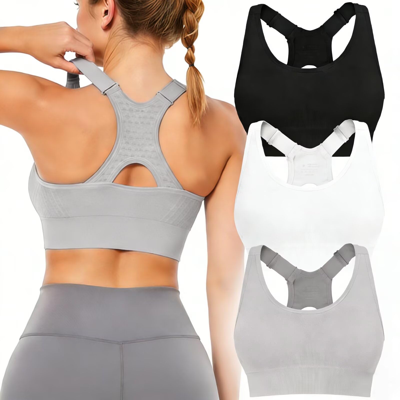 Adjustable Sports Bras for Women 3 Pack High Support Padded Racerback Sport for Large Bust Workout Running Gym