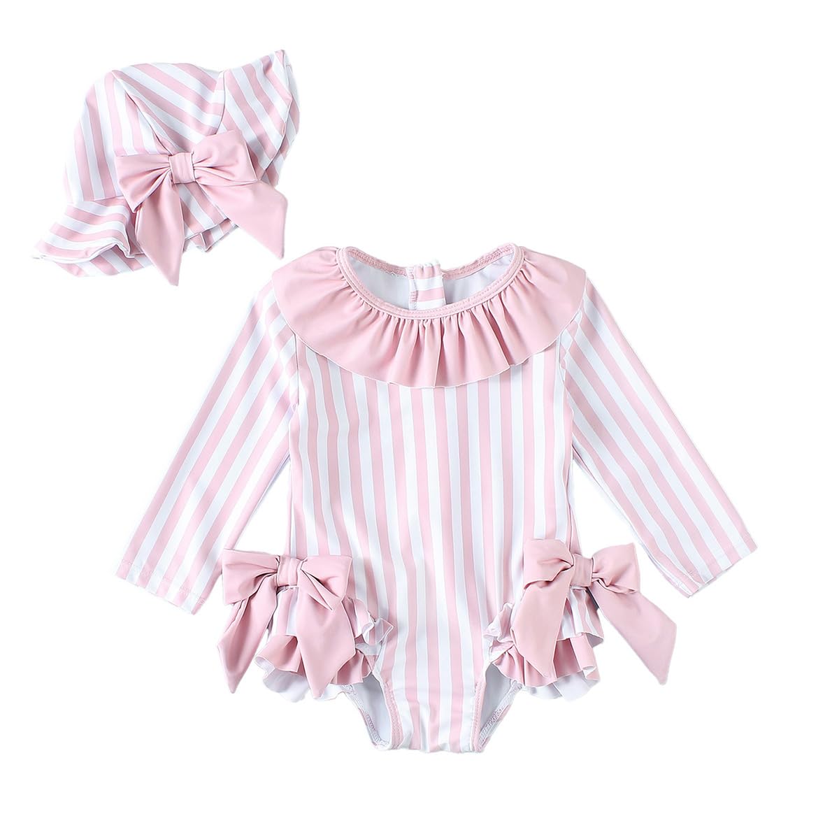 JENJON Traje de Baño a Rayas para Bebé Niña con Volantes Mangas Lindo Floral Traje de Baño de Una Pieza con Cremallera Protección UV y Gorro de Playa Verano — view 8