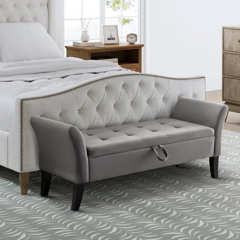 Image of 2 Seater Storage Ottoman Bench with Armrests | Upholstered Tufted Sofa Bench with Hidden Storage | Bedroom Living Room Entryway Seating | Modern End of Bed Bench Footrest Lounge Seat | Grey