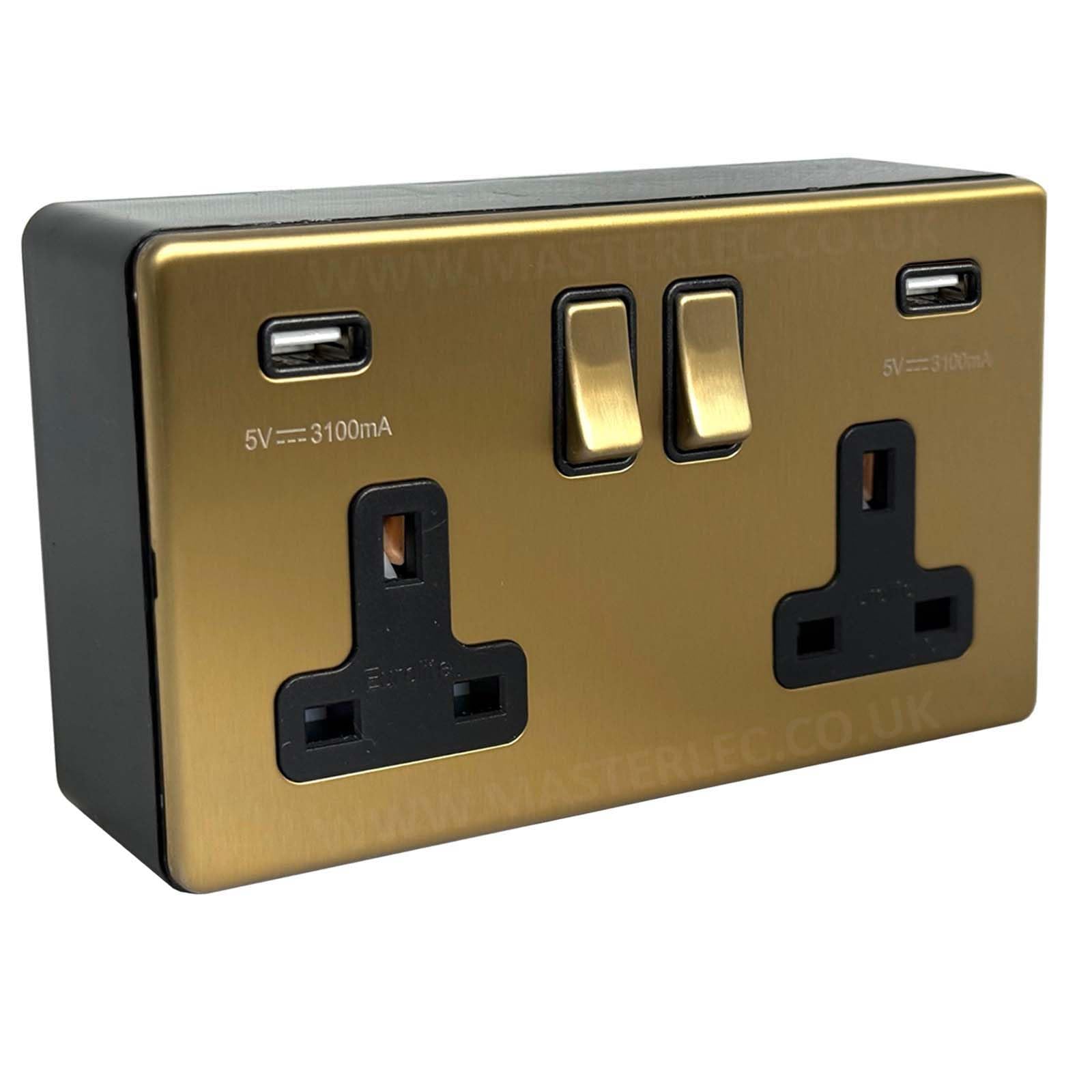 Antique Gold/Satin Brass Screwless USB Double Socket (Type A) & 32mm Black Surface Pattress Back Box