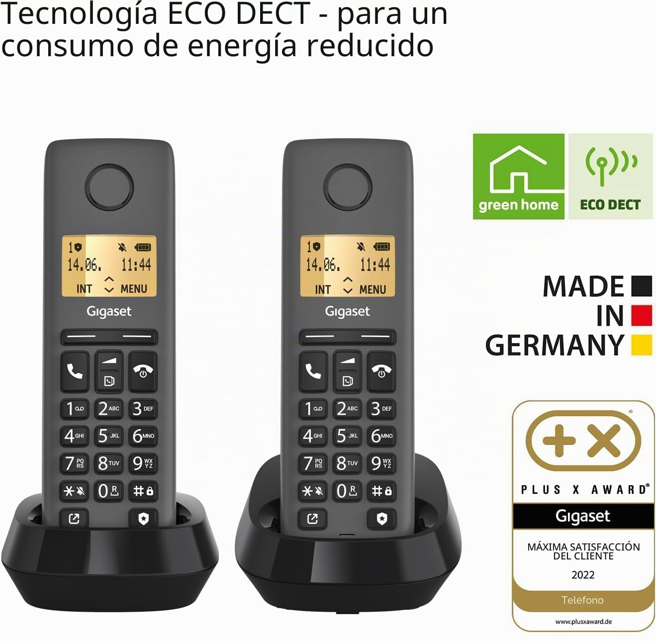 Gigaset Pure 120 Duo - 2 teléfonos inalámbricos con Eco DECT - Pantalla retroiluminada - Compatible con audífonos - Protección de Llamadas, Color Negro Antracita