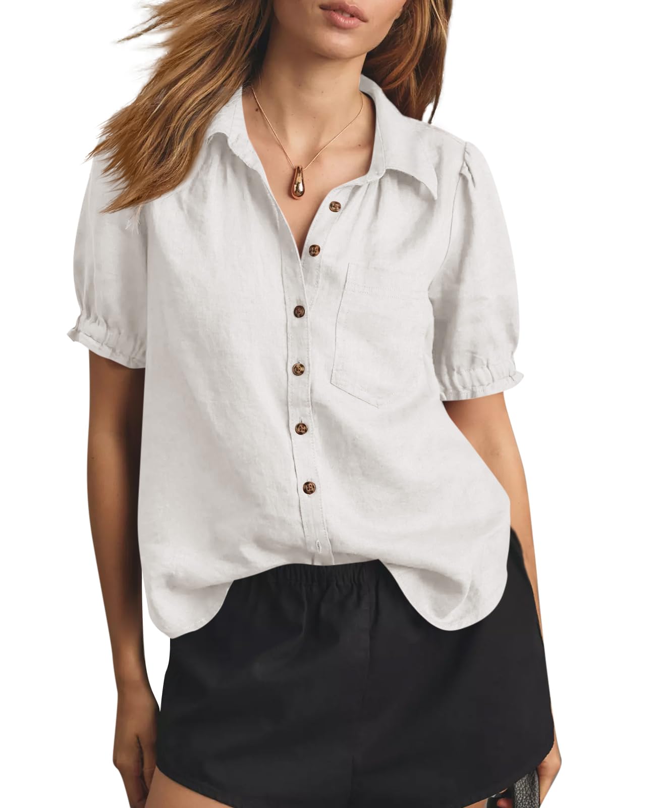 Cicy Bell Womens Puff Short Sleeve Button Down Shirts Summer Casual Collared V Neck Blouse Linen Loose Fit Work Tops