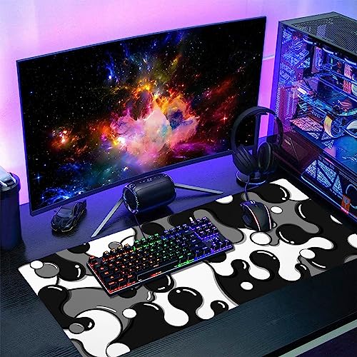 Image of Black White Grey Mouse Pad XXL Anime Cool Geometric Japanese Extended Desk Mat 90X40 CM Non-Slip Rubber Base Stitched Edge Large Mousepad for Gaming Laptop Computer Desktop 35.4x15.7 Inch