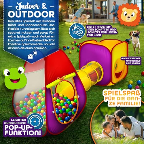 KIDUKU® 3-teiliges Bällebad Spielzelt Babyzelt + Krabbeltunnel + 200 Bälle + Tasche für drinnen und draußen