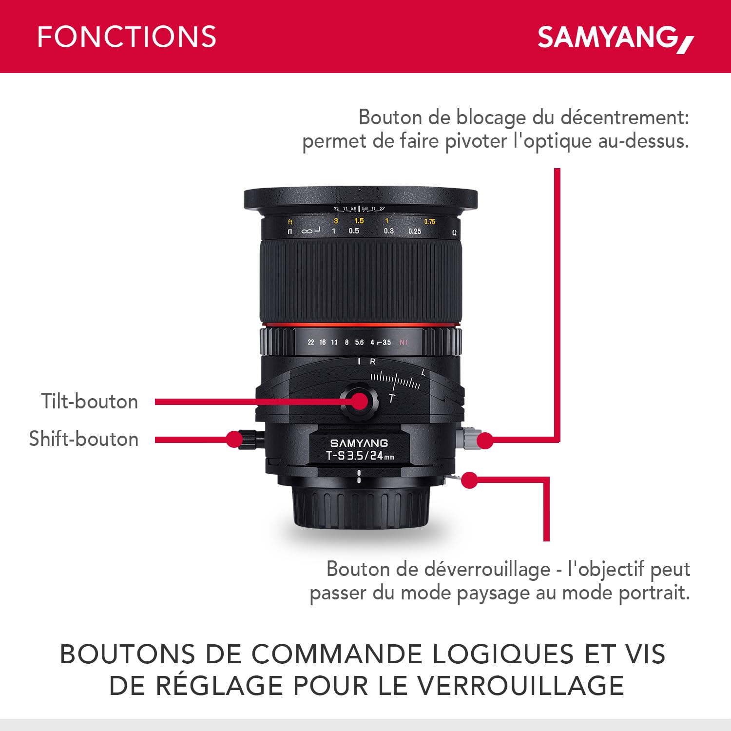 Samyang MF 24 mm F3,5 T/S pour Sony E - Tilt Shift plein format et objectif grand angle APS-C - Mise au point manuelle - Distance focale fixe pour appareil photo Sony avec E Mount