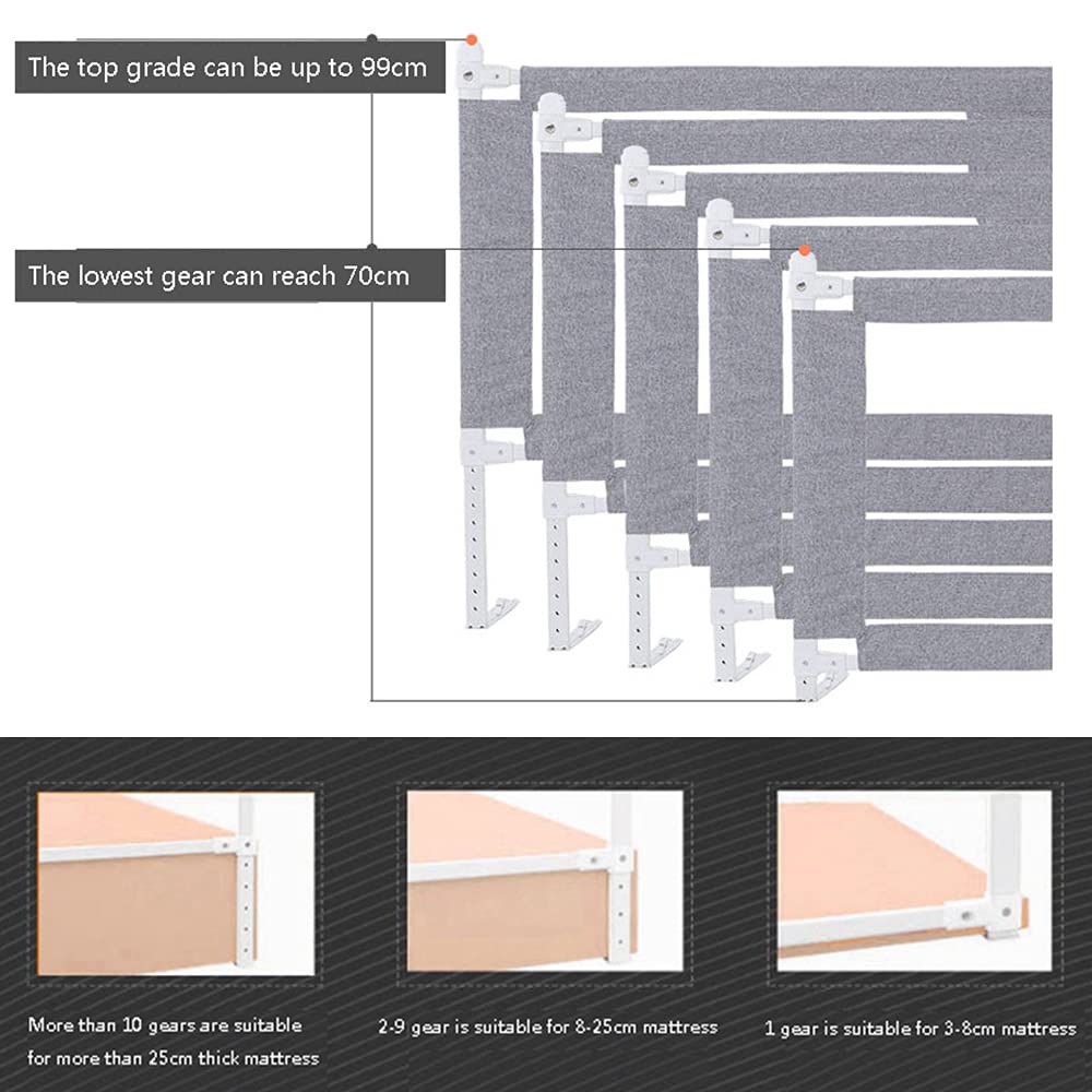 LANTUS Barrière de lit de 200 cm - Protection Contre Les Chutes - Réglable en Hauteur- Barrière de lit pour Tout-Petits - Barrière de lit avec Filet aéré - Sûr, Facile à monter-2m-gris