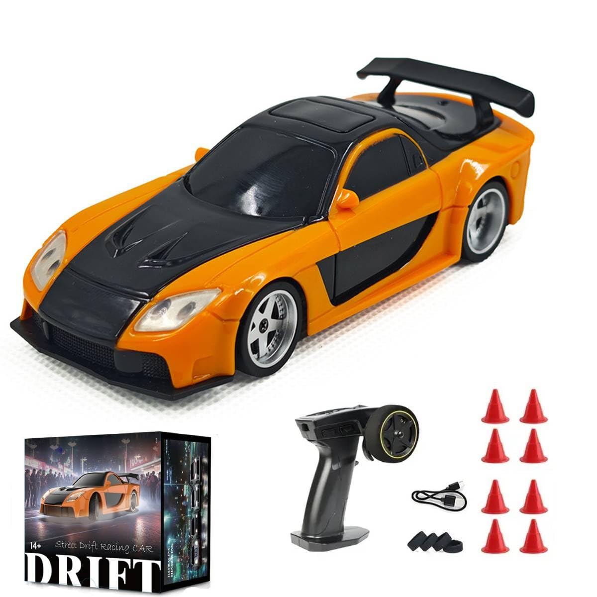 Aetheria1/43 RC Drift Racing Car with Gyro, 4WD Fully Proportional Mini Electric Race Vehicle with LED Lights Remote Control High Speed Car for Adult Outdoor - Ready to Run (Orange Black)
