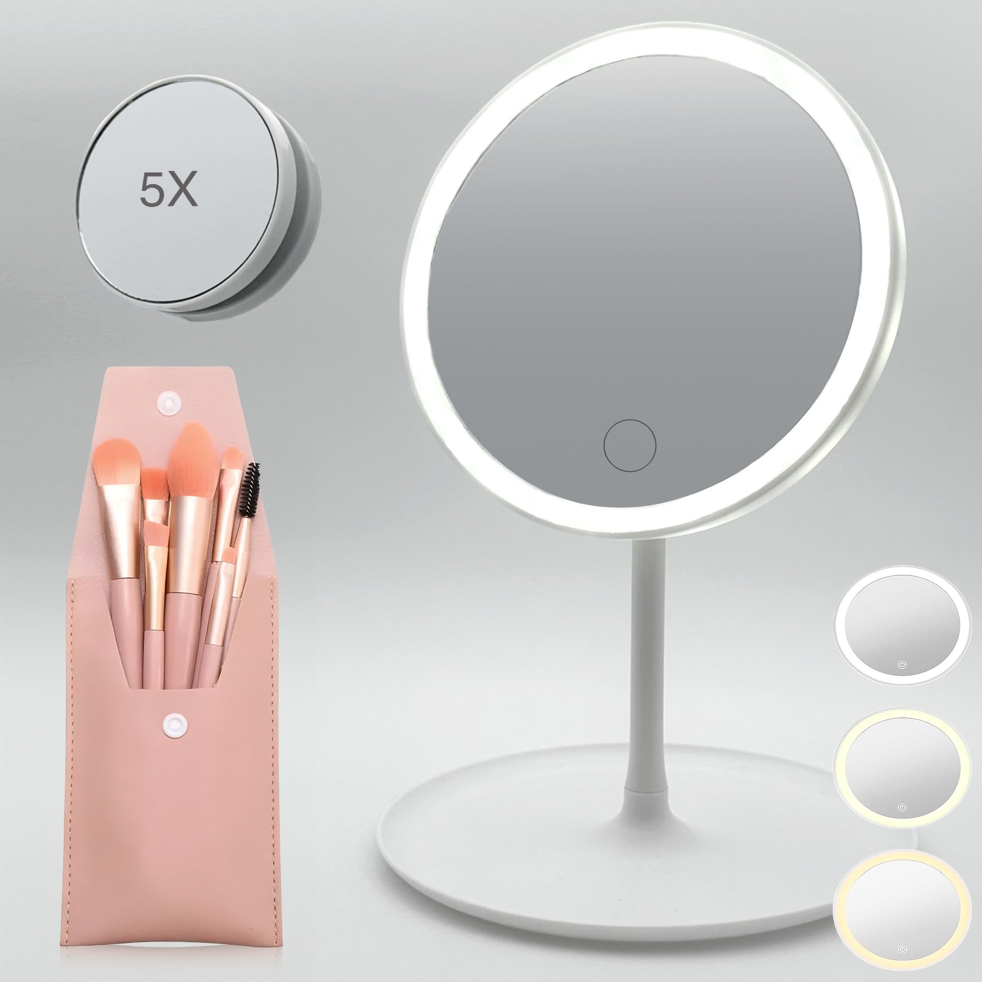 Three Stars | Espejo de Maquillaje con luz Led Recargable | Regalo: Set de 8 brochas | Encendido y regulación del Brillo táctil | 3 Colores de luz | Aumento X1/X5 | Rotación 180°