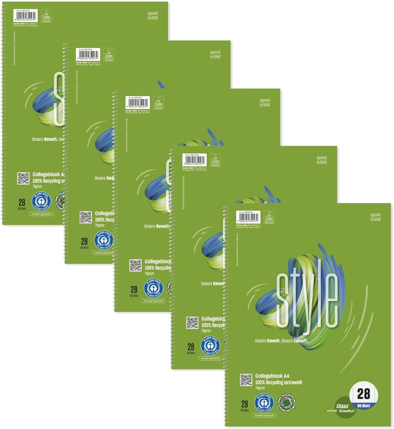 Staufen Ursus Style Collegeblock, 5 Stück, DIN A4, Lineatur 28 (5mm kariert mit Randlinien), 80 Blatt, 4-fach Lochung, premiumweißes 70g/m² Recyclingpapier, Green