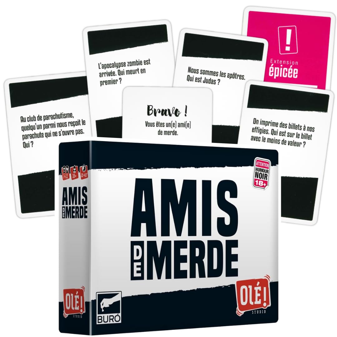 Olé! Studio Amis DE Merde – Le Jeu Qui ruine Vos amitiés ! Qui Sera l'ami de Merde de la soirée ? - Jeu de Cartes - Jeu de société Amusant pour Adultes - Idée Cadeau, Noir