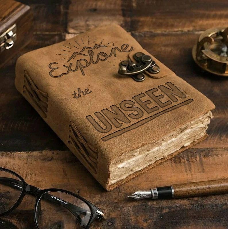 Image of DI-KRAFT Handcrafted A5 120 GSM Vintage Paper Printed Diary Leather Writing Diary With Buckle Lock Notebook Unruled Personal Diaries Leather Journal for Office - 5x7 Inch 200 Pages (Brown Quote4)
