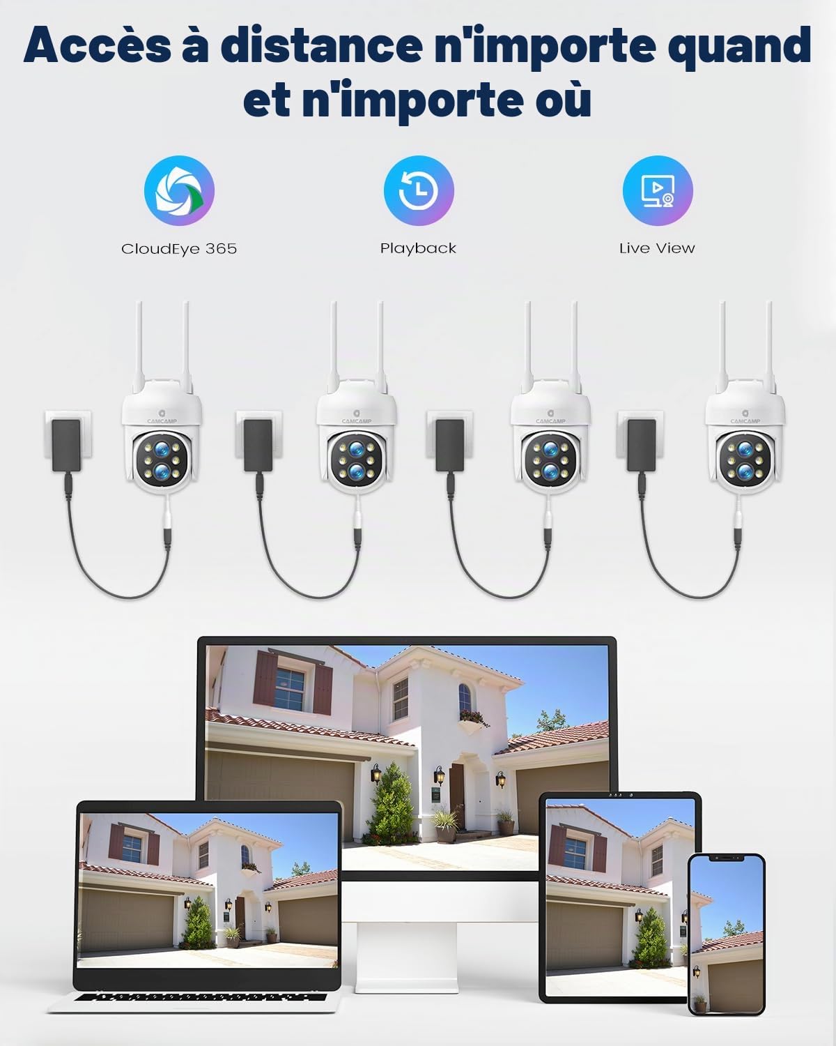 CAMCAMP PTZ Kit Caméra de Surveillance WiFi avec 10" Moniteur, 10CH NVR Kit avec 4X2K Caméra WiFi Exterieure Double-Objectif, 500 Go HDD, Vision Nocturne Couleur,Détection Humaine,Audio Bidirectionnel