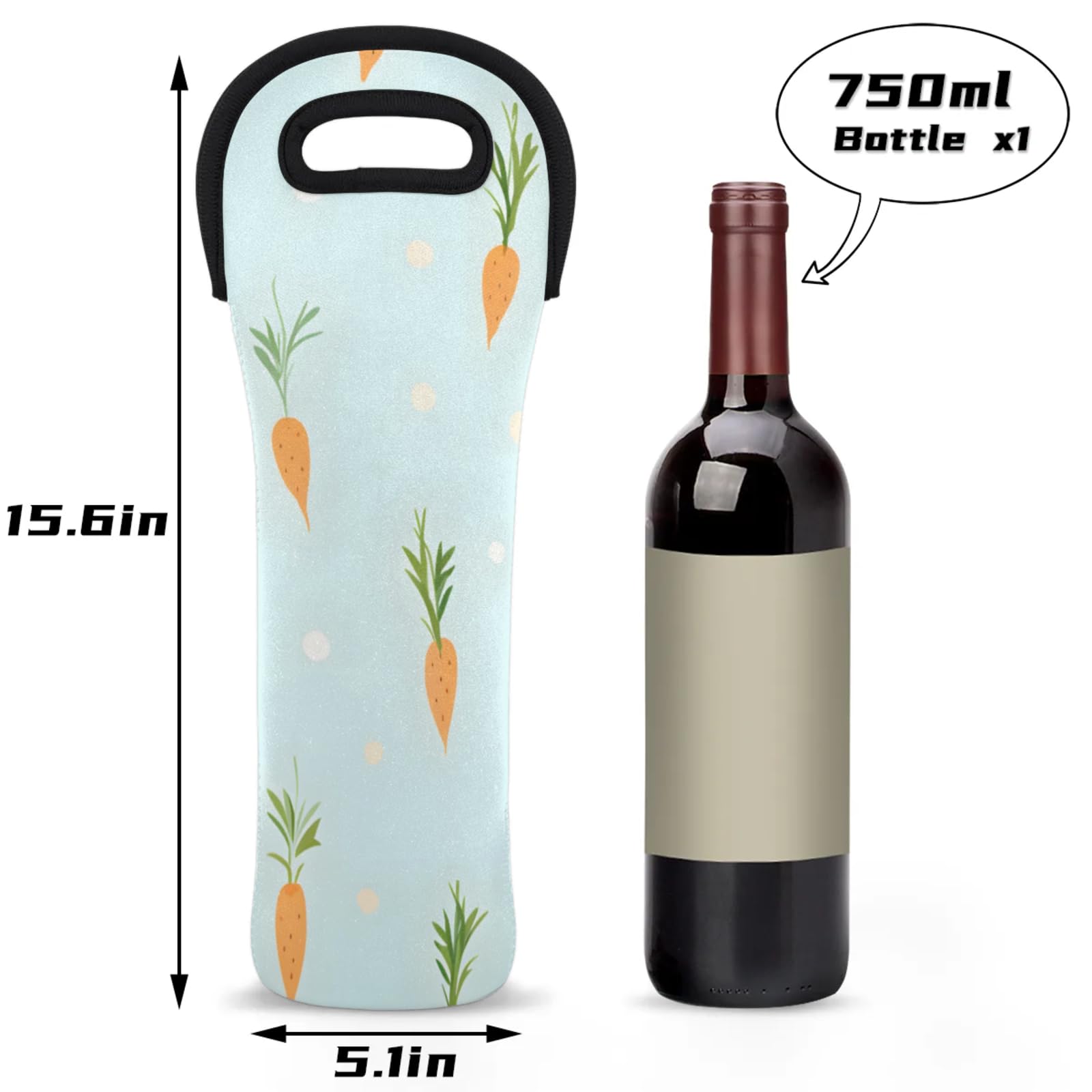 Neoprene Wine Tote Carrier Bag for Wine,Water, Champagne, Beer, Baby Bottles 15.6 x 5.1 Inches, Protective Wine Bag,Carrots