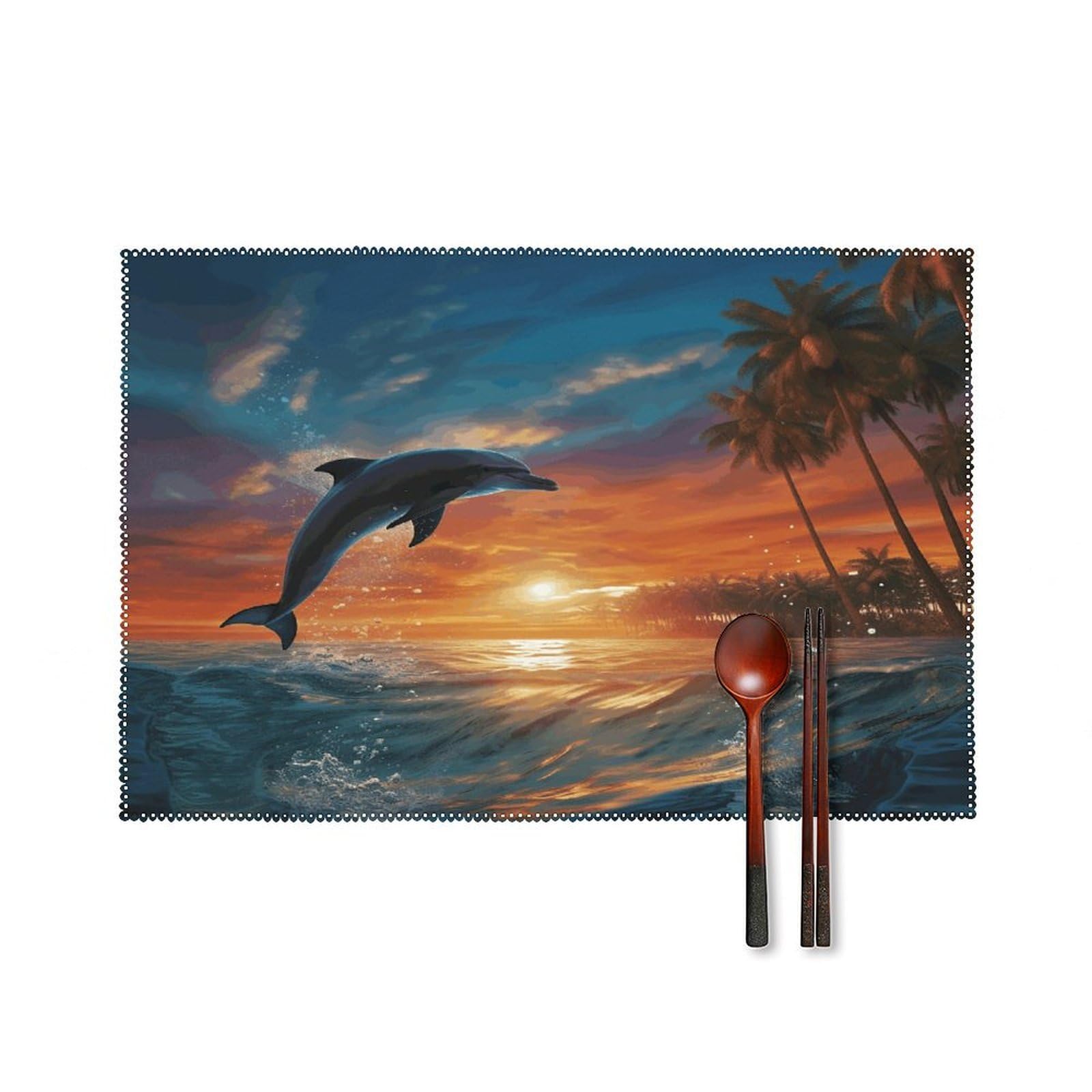 Dolphins and Palm Trees Placemats Set of 6 Heat Resistant Non-Slip Place Mats Washable Wipeable Table Mats Elegant Farmhouse Placemat for Kitchen Dining Outdoor Party Table Decor