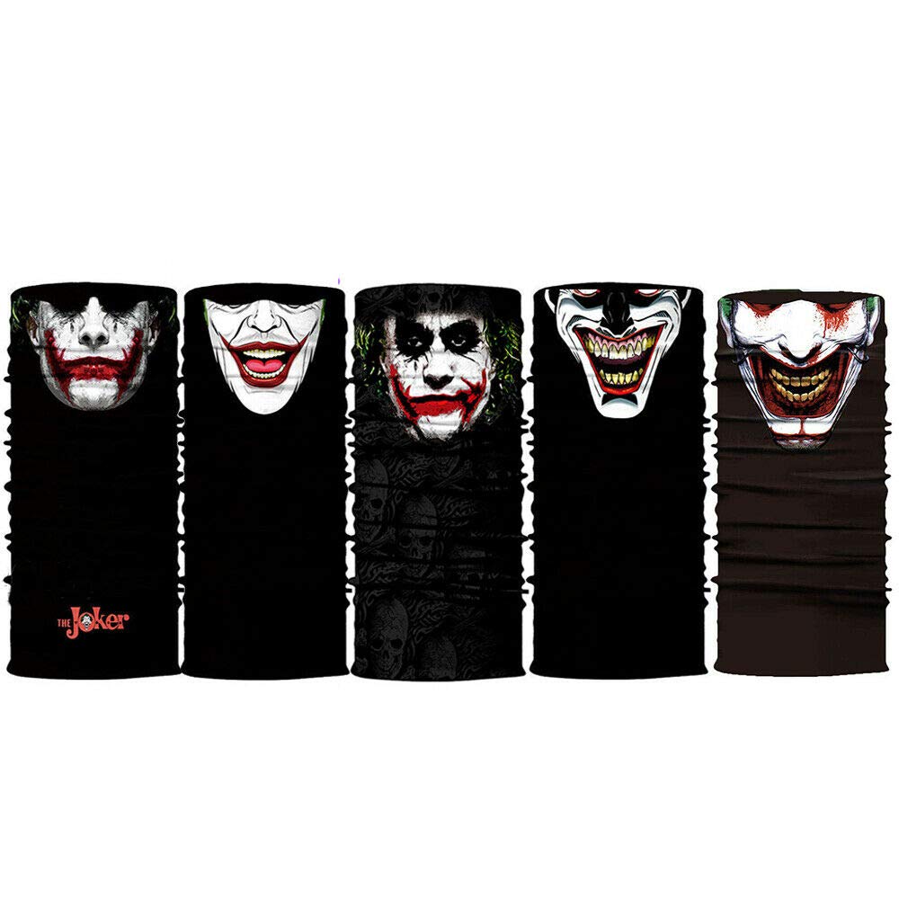 5pcs Joker Face Scarf Sun Neck Gaiter Balaclava Neckerchief Bandana Headband Black, Medium