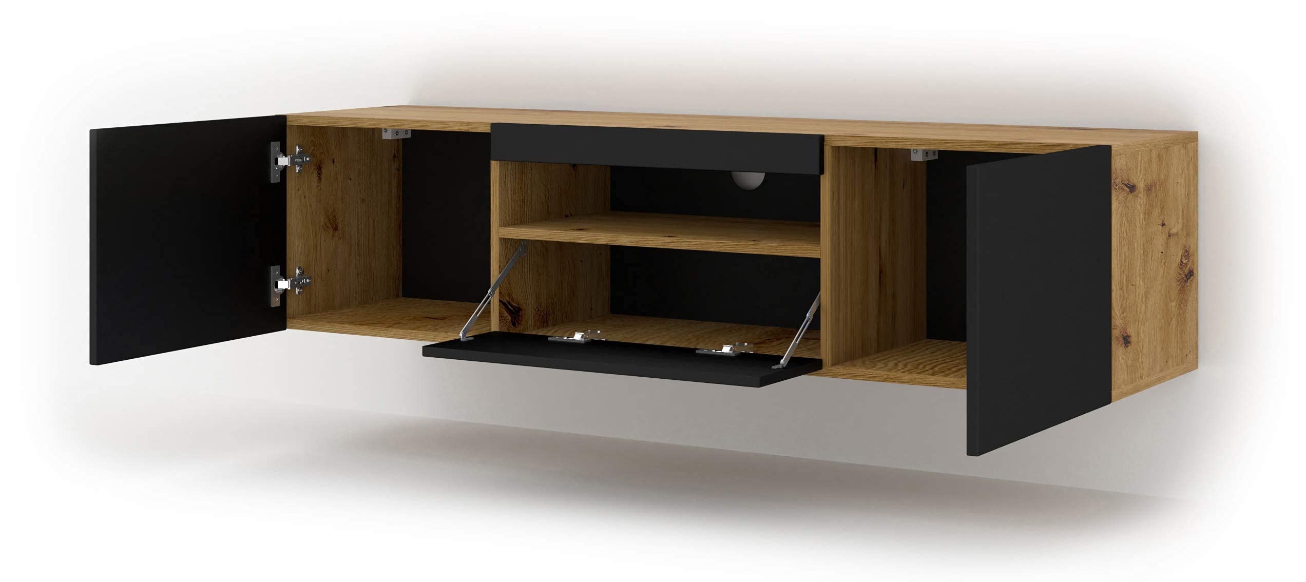 BIM Furniture Szafka pod telewizor Aura 150 cm, wisząca lub stojąca, uniwersalna szafka pod telewizor, stolik hi-fi, wisząca szafka (dąb Artisan i czarny mat, bez LED)